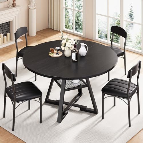5-Piece Round Dining Table Set for 4 with Storage Shelf, 42-Inch Black