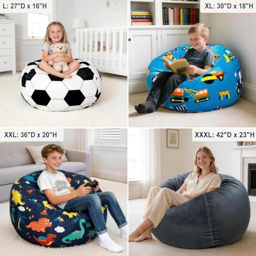 Lukeight Dinosaur Stuffed Animal Storage Bean Bag Chair Cover for Kids, 27" Large Velvet Plush Seat, Side Pocket, No Filler