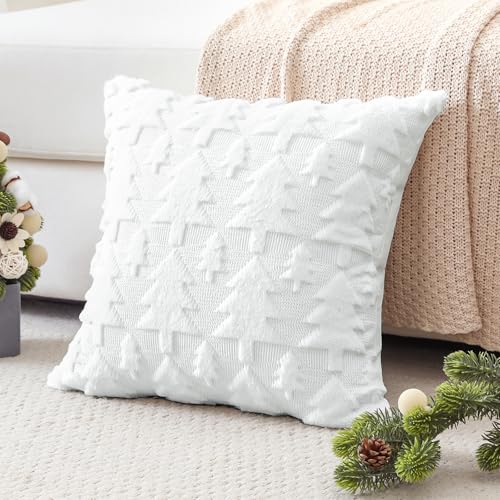 OTOSTAR 20x20 White Christmas Tree Plush Pillow Cover - Faux Fur Wool Cozy Throw Cushion