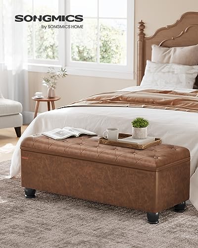 SONGMICS Storage Ottoman Bench 46.5 Inches with Solid Wood Legs, Tufted Upholstered Seat, Multi-Use Furniture
