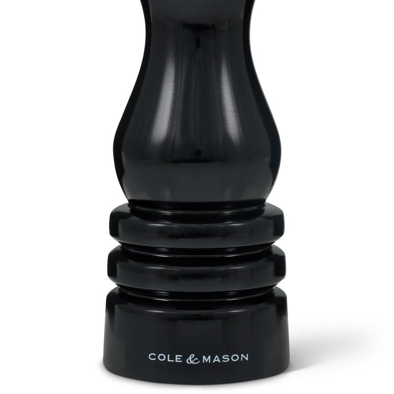 Cole & Mason H233098 London Black Gloss Salt and Pepper Mill Set, Precision+ Carbon/Ceramic Mechanisms, Salt and Pepper Grinders with Adjustable Grind, Beech Wood, 180mm, Gift Set