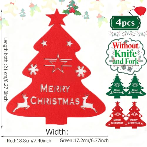 Dudodikor 4Pcs Christmas Silverware & Placemat Set Red & Green Tree Design