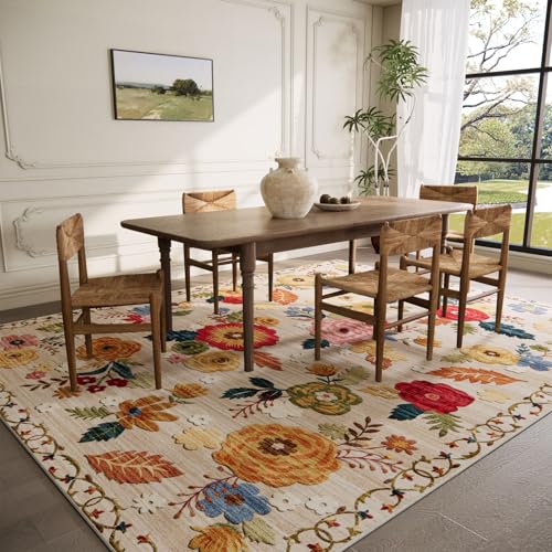 5x7 Washable Area Rug, Vintage Floral Non-Slip Faux Wool Rug for Living Room