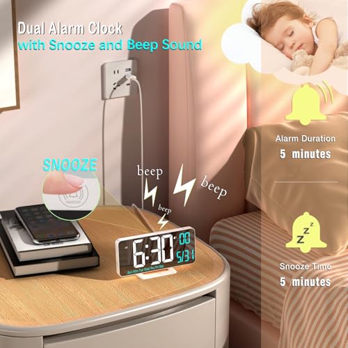 6.7" Digital LED Desk Alarm Clock with Temperature, Date & Dimmer