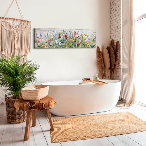 Rustic Wildflower Wall Art, 14x48 Inch Farmhouse Floral Canvas Print