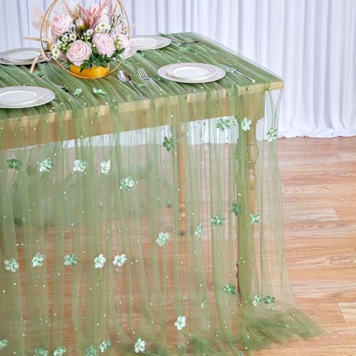 Sage Green Pearl Tulle Tablecloth 120x60 Inch for Wedding - 1Pcs Sage Flower Overlay