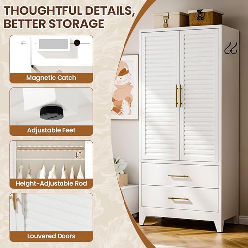 Metal Wardrobe Closet with Adjustable Shelves, Hanging Rod, and 2 Drawers