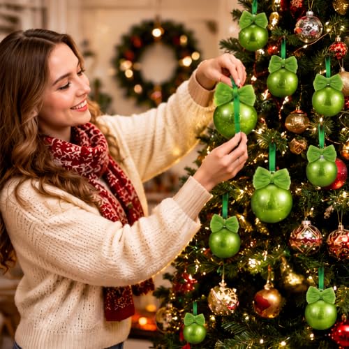Suncalla Lime Green Christmas Ball Ornaments 12 Pcs with Bows – Glitter Xmas Tree Decor