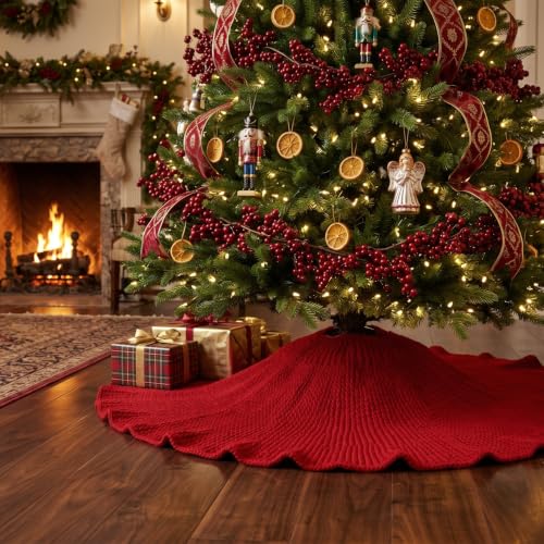 36 Inch Wine Red Knit Christmas Tree Skirt - Rustic Holiday Decor