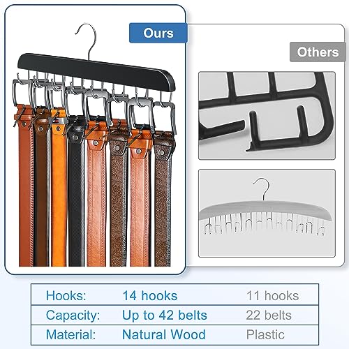 Wooden Belt Hanger for Closet Storage with 14 Hooks Black