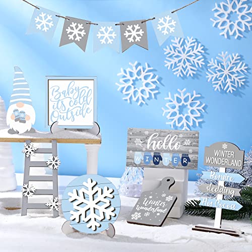 Yalikop 12-Piece Winter Tiered Tray Decor Set with Snowflake / Gnomes Style (Blue Gray) – Wood Signs