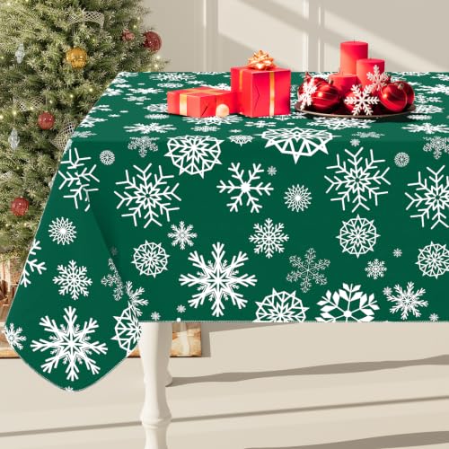 Smiry 60x120in Christmas Tablecloth with Flannel Backing – Green & White, Waterproof Vinyl