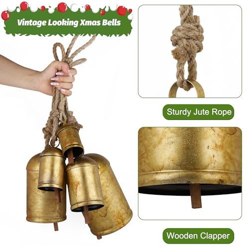 Fovths 5 PCS Christmas Bells Giant Vintage Cow Bells, 4+5+6+8+10 Inch