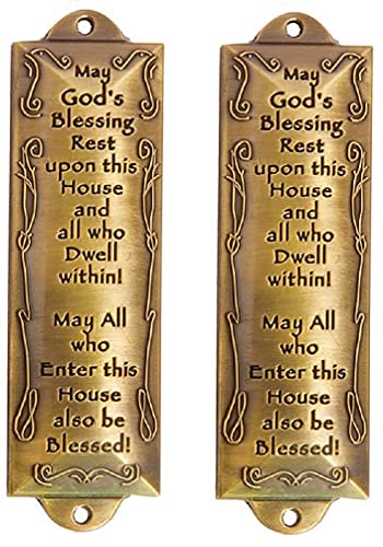 2 Pack Brass Mezuzah Case with Hebrew Scroll and Blessing Plaque, 4.7 Inch
