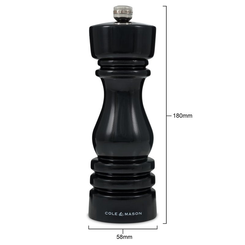 Cole & Mason H233098 London Black Gloss Salt and Pepper Mill Set, Precision+ Carbon/Ceramic Mechanisms, Salt and Pepper Grinders with Adjustable Grind, Beech Wood, 180mm, Gift Set