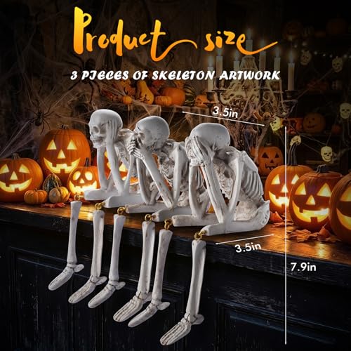 3-Piece See No Evil Halloween Skeleton Statues - Resin Skull Figurines