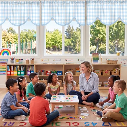 4-Piece Gingham Window Valance Set, Light Blue Rod Pocket Kitchen Curtains