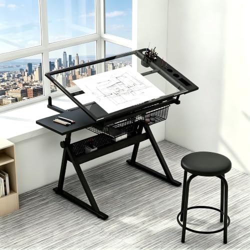 Adjustable Drafting Table with Stool and Drawers, Tilting Art Desk