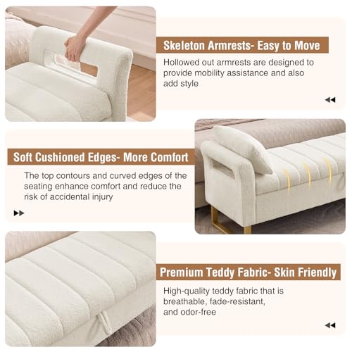66-Inch Teddy Fabric Storage Bench for Bedroom with Gold Legs and 2 Pillows