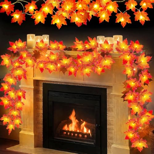4-Pack Lighted Fall Maple Leaf Garland - 40ft 80 LED Battery Powered Decor