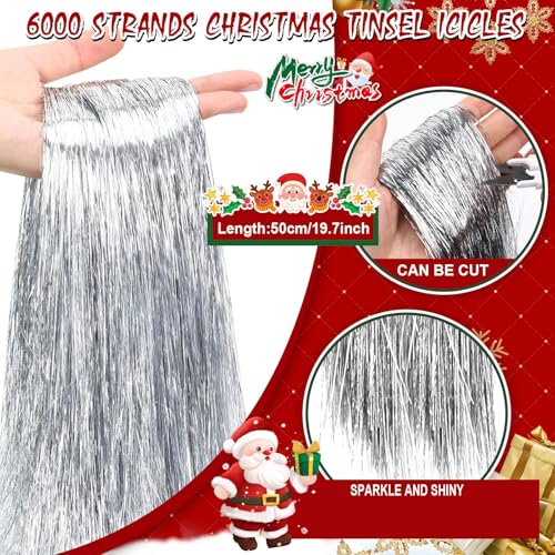 6000 Strands Silver Christmas Tinsel Icicles - 19.7" Metallic Foil Decor