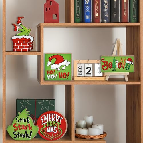 7 Pcs Merry Christmas Tiered Tray Decor, Red Green Xmas Truck Stink