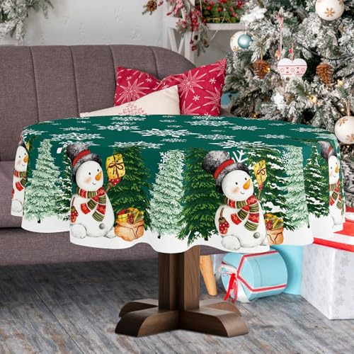 YOSTEV Xmas Tc 13 60" Round Green Christmas Tablecloth with Snowman Snowflakes – Spillproof Fabric