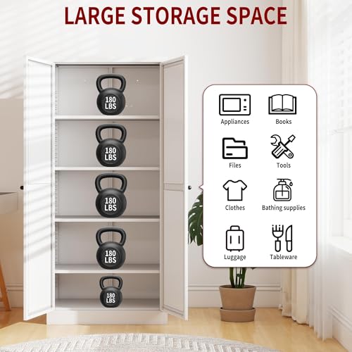 61" White Kitchen Pantry Storage Cabinet with 4 Adjustable Shelves & 2 Doors