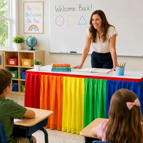 Rainbow Ruffled Table Skirt with Black Lining, 6.6 Ft x 31 Inch