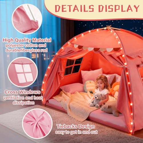 Indoor Twin Bed Tent Canopy for Kids with Star Lights & Flags, Pink