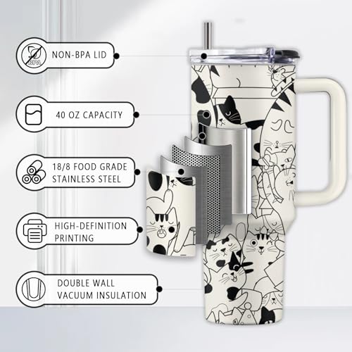 Uibunoo Line Cat 40oz Insulated Tumbler with Handle & Straw – Cat Lover Gift
