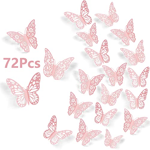 72-Piece 3D Butterfly Wall Stickers - Pink Metallic Paper Decals