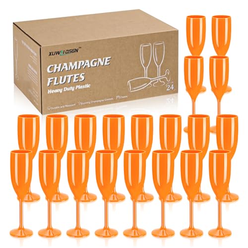 XUWAIDSGN Orange Reusable Acrylic Champagne Flutes 24 Pack Unbreakable Stemmed Glasses for Celebrations