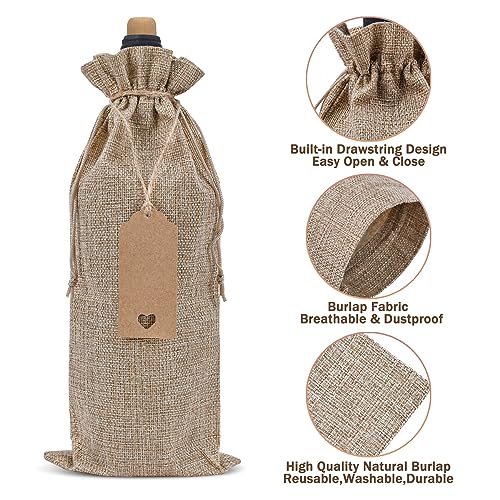 Reusable Burlap Wine Gift Bags with Drawstrings & Tags - 12 Pack (750ml)