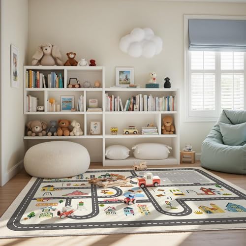 Kids Town Road Play Rug, 5x7 Ft Faux Wool Interactive Car Map for Playroom