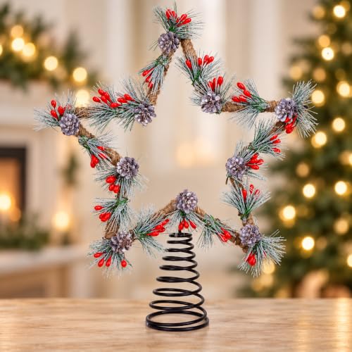 Rustic Christmas Tree Topper Star with Red Berries - Jute Rope Decor