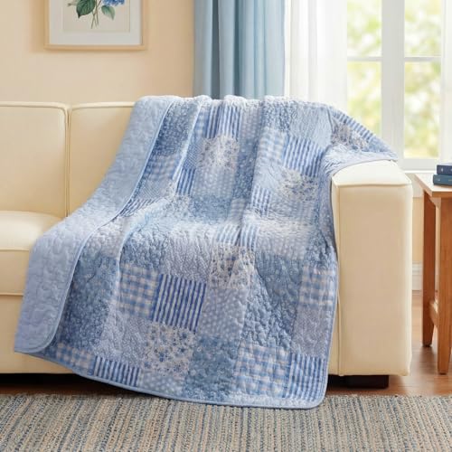 Blue Floral Patchwork Throw Blanket 50" x 60" Reversible Quilt