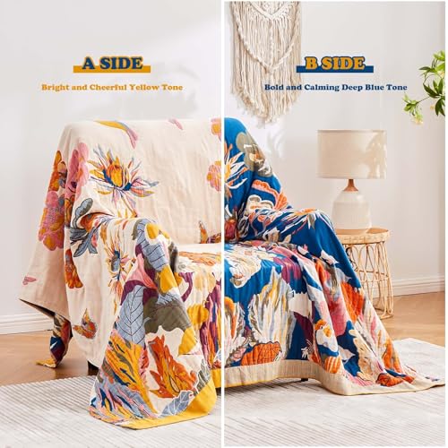 Boho Floral Cotton Throw Blanket, 50x60 Reversible Farmhouse Quilt