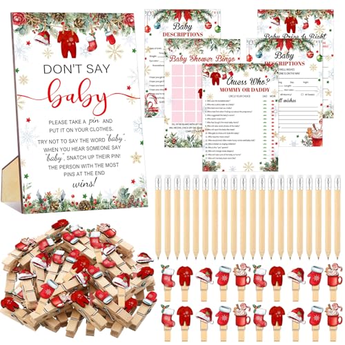 Patelai Christmas Santa Baby Shower Game Supplies Set with Sign, Cards, Clothespins & Pencils - Holiday Party Decorations