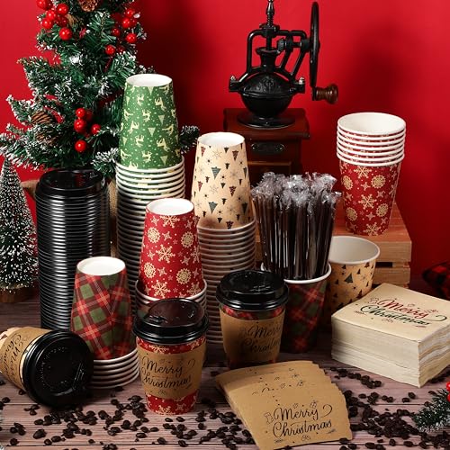 Hushee 100 Set 12 oz Christmas Disposable Coffee Cups with Black Lids