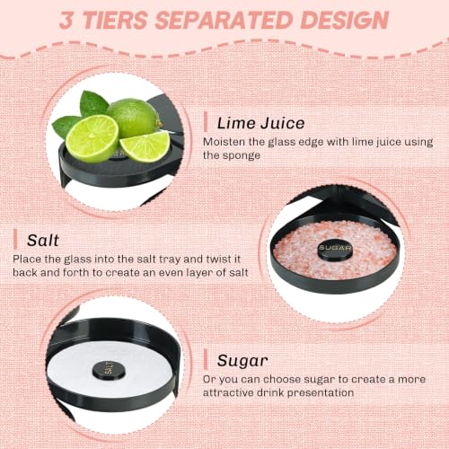 3-Tier Cocktail Salt Rimmer Bar Tool with Lime Juice Sponge - Organizer for Margaritas & More