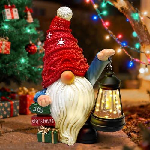 Aclema Christmas Gnome Statue with LED Lantern - Resin Holiday Decor for Indoor & Outdoor Festive Home Accents