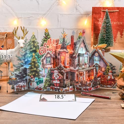 TIKLANA Pop Up Christmas House Card with Lights & Music - 3D Holiday Greeting Card