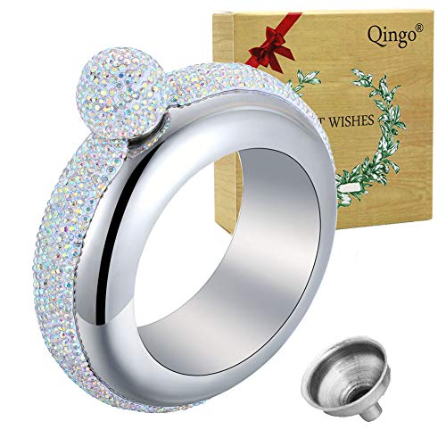Qingo Silver Rhinestone Lid Bracelet Flask with Funnel 3.5 oz Stainless Steel