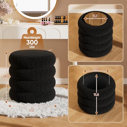 Round Teddy Storage Ottoman with Tray - 17.5 Inch Plush Vanity Stool