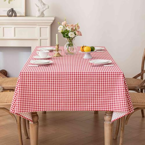 Nanko Red & White Gingham Rectangle Tablecloth 59 x 84 in - Machine Washable, Water-Resistant, Farmhouse Holiday