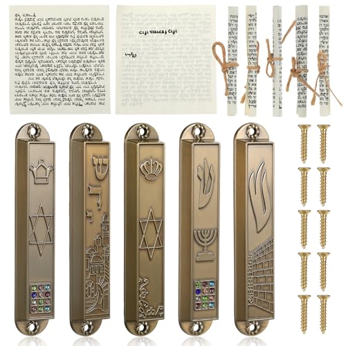 5-Pack Metal Mezuzah Cases with Kosher Scrolls - 3.54 Inch Doorpost Plaque