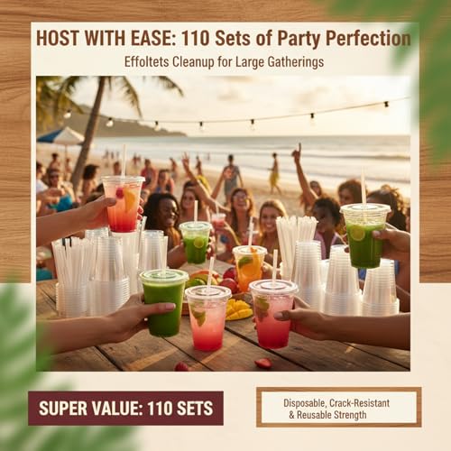 16 oz Clear Disposable Plastic Cups with Lids and Straws - 110 Pack