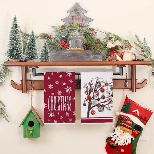 DineDia Dark Red Merry Christmas Kitchen Towels Set of 2 – 18x26, Snowflake Bells