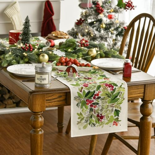 Holly Christmas Table Runner 13 x 108 in Green by Artoid Mode